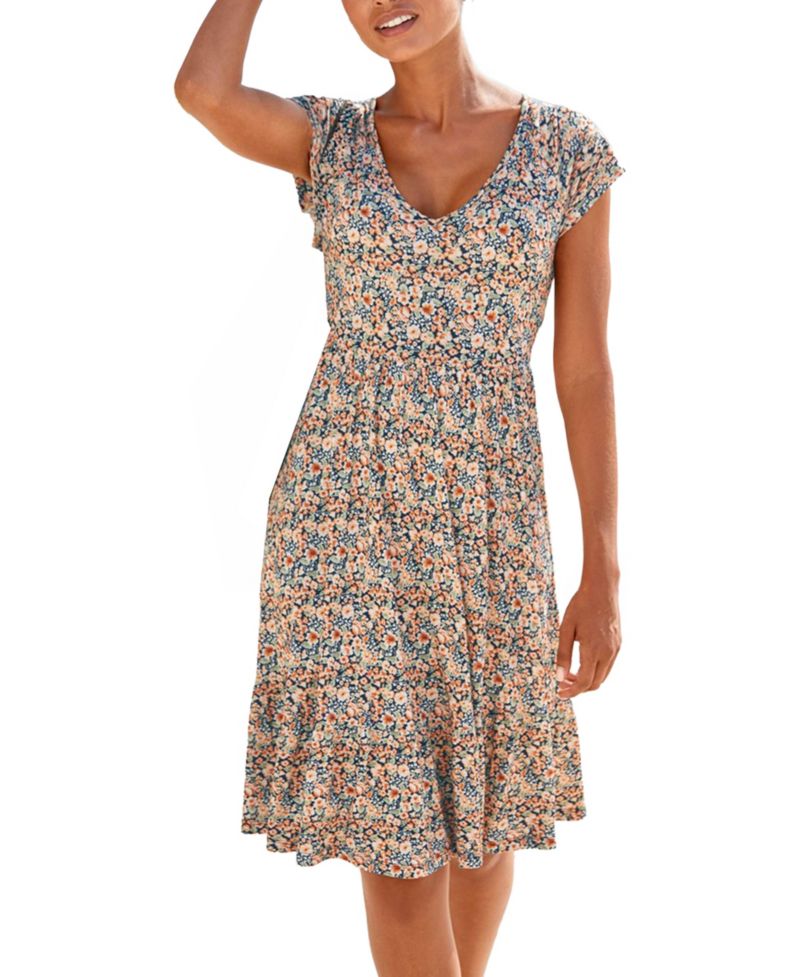 Women's Viscose Printed Flounce A-Line V-Neck Elastic-Waist Short Dress
