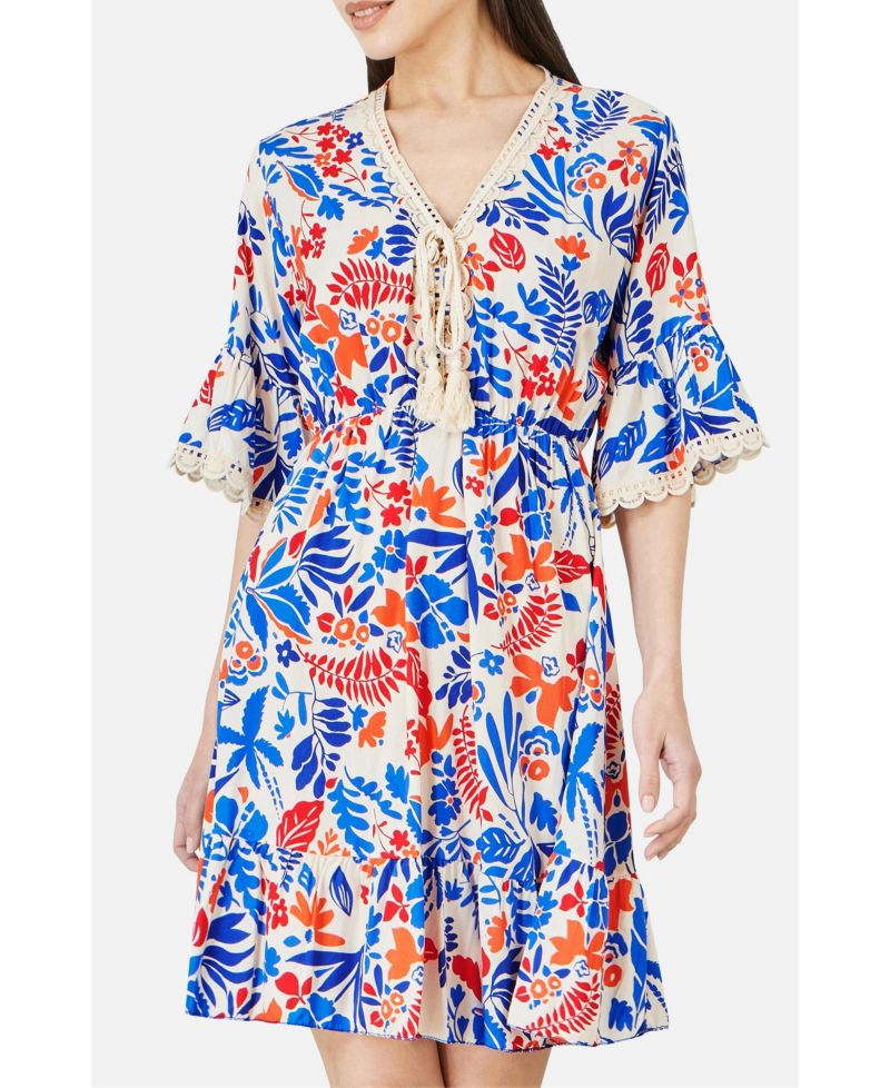 Women's Leaf Print Kimono Sleeve Tunic Dress
