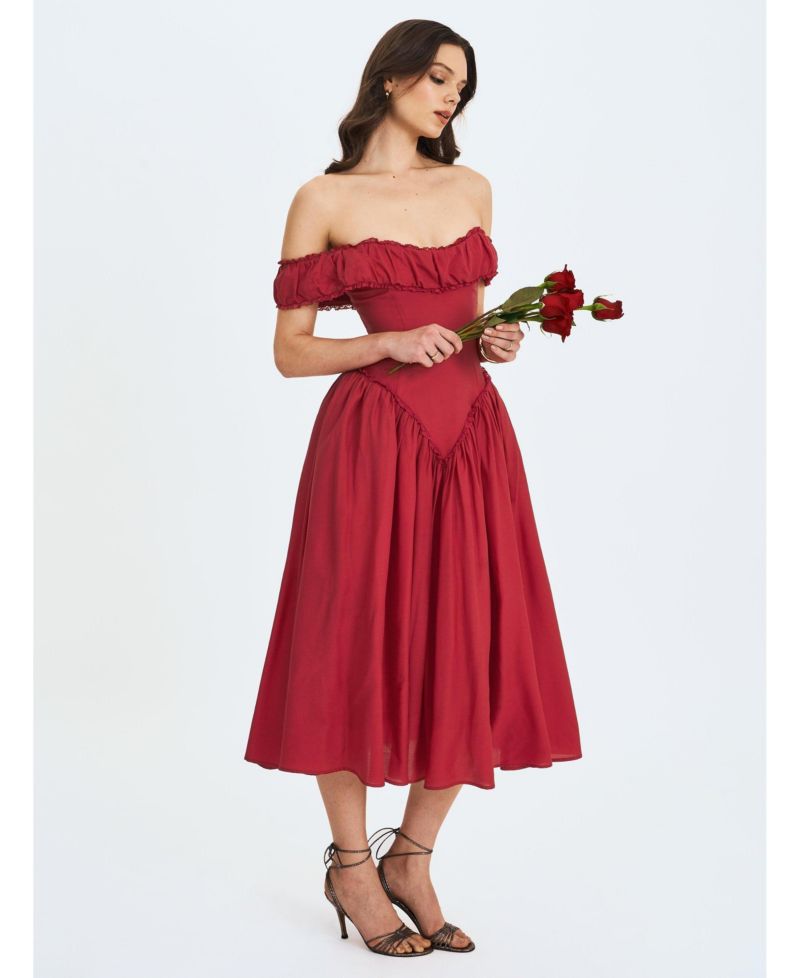 Women's Xavy Crimson Off-Shoulder Corset Midi Dress