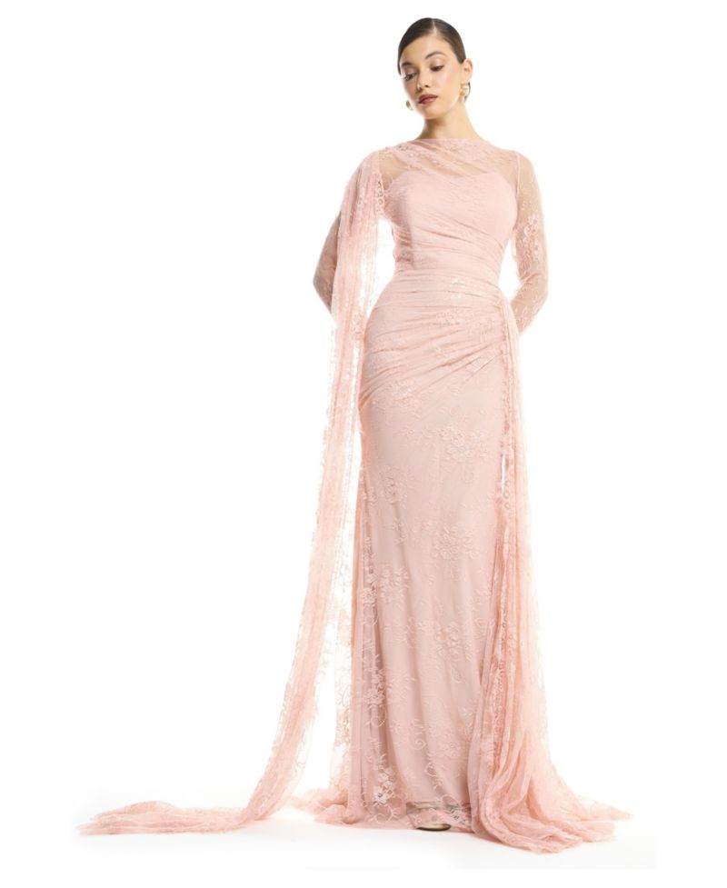 Women's High Neck Lace Sheath Gown with Cape Sleeve