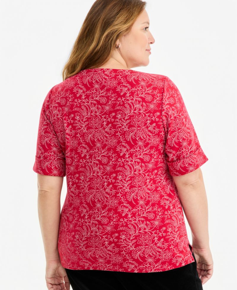 Plus Size Printed Boat-Neck Elbow Sleeve Top