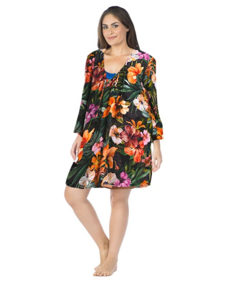 Plus Size Tropical Hideaway Lace-Front Swim Cover-Up Tunic Dress