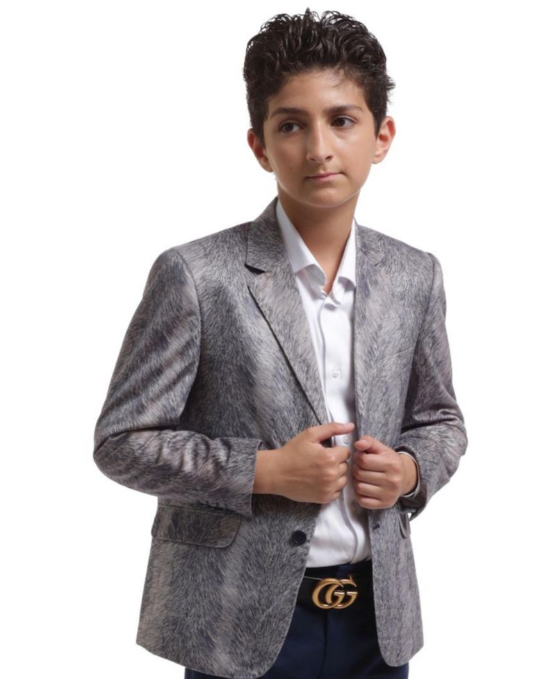 Boys Silver Slim Fit Printed Velvet Blazer
