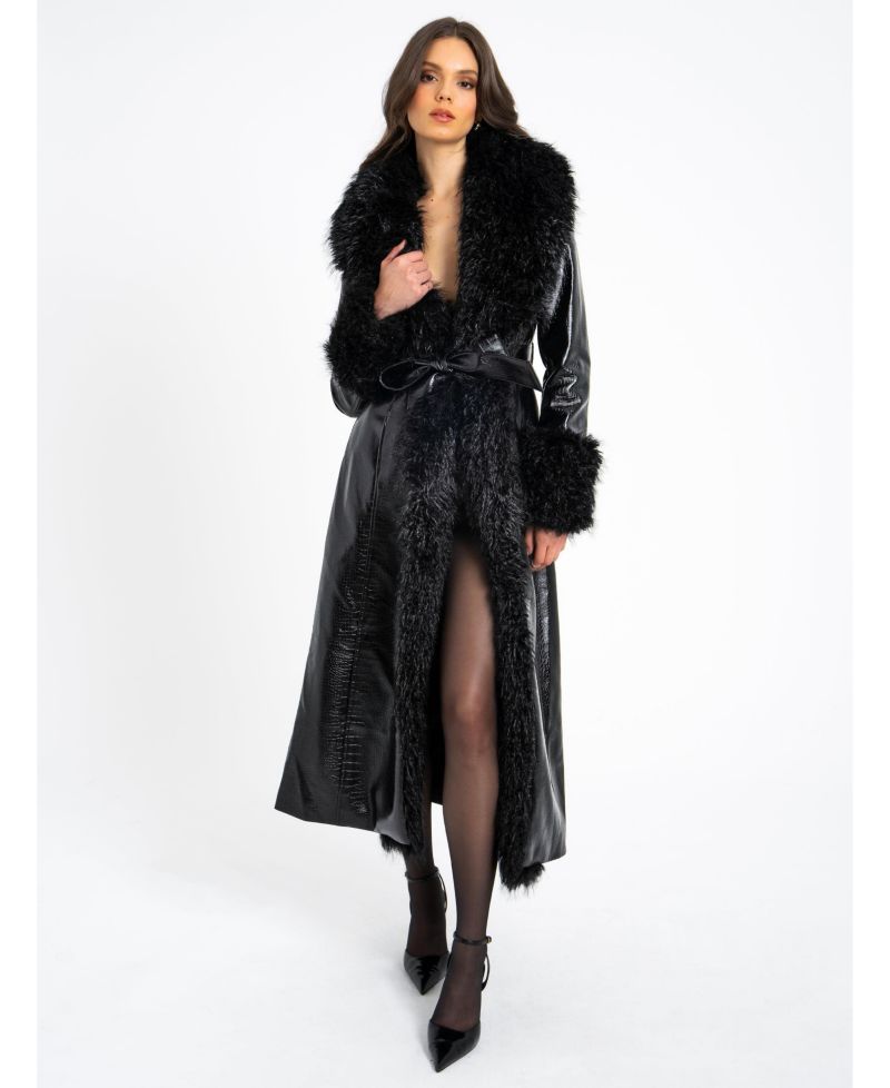 Women's Zella Black Faux Fur Trim Faux Croc Leather Coat