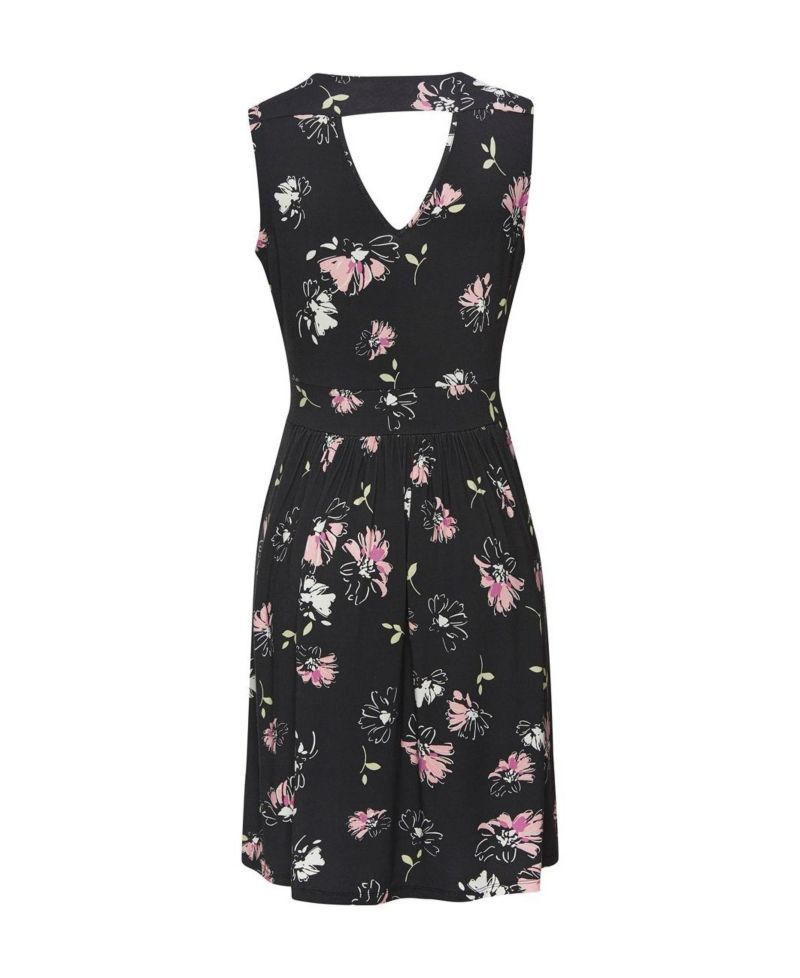 Women's Viscose Floral Print Open Back Detail A-Line V-Neck Short Dress