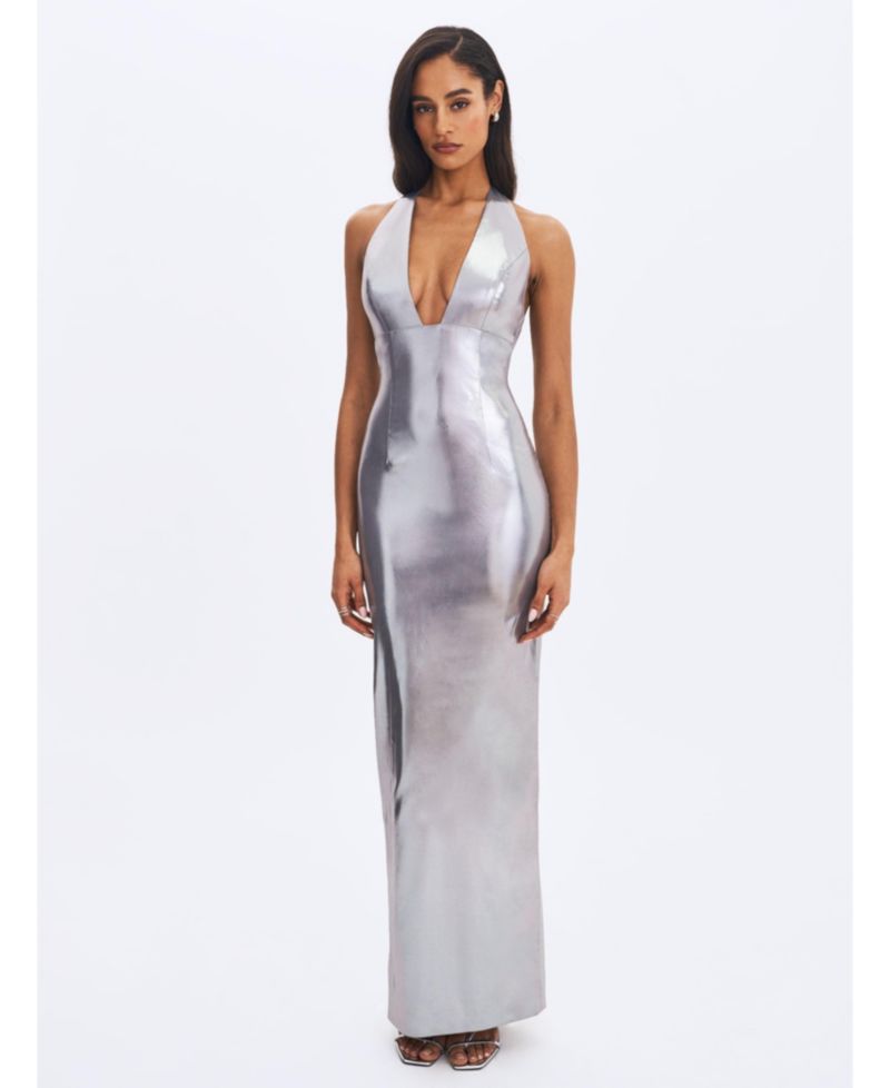 Women's Valeska Silver Foil Plunging Sheath Maxi Dress