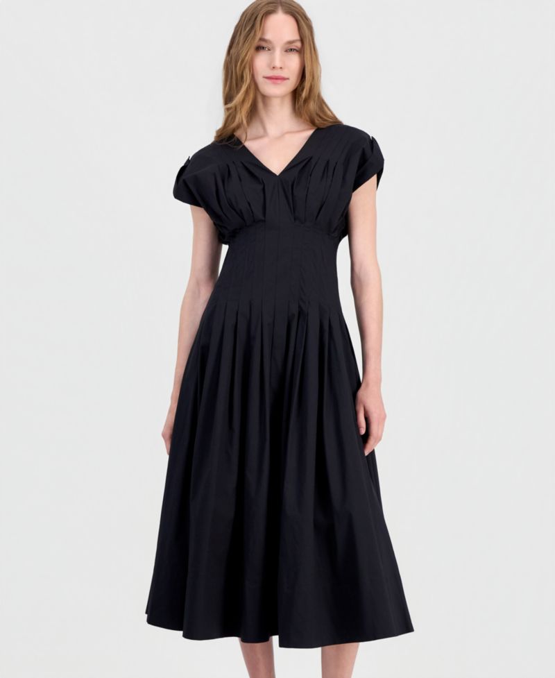 Petite Pleated-Waist V-Neck Midi Dress