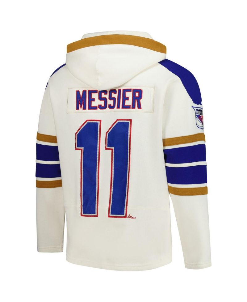 47 Brand Men's Mark Messier Cream New York Rangers Blue Line Heritage Name & Number Lace-Up Pullover Hoodie