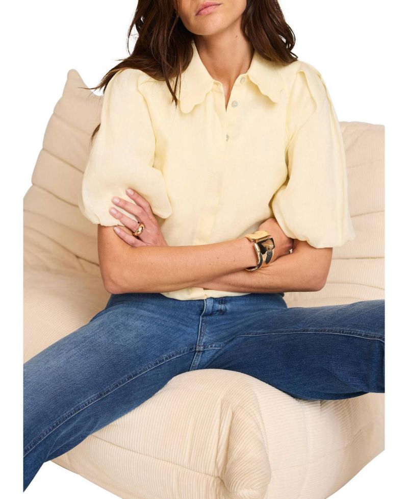 Women's Ramie Short-Sleeve Puff-Sleeve Blouse