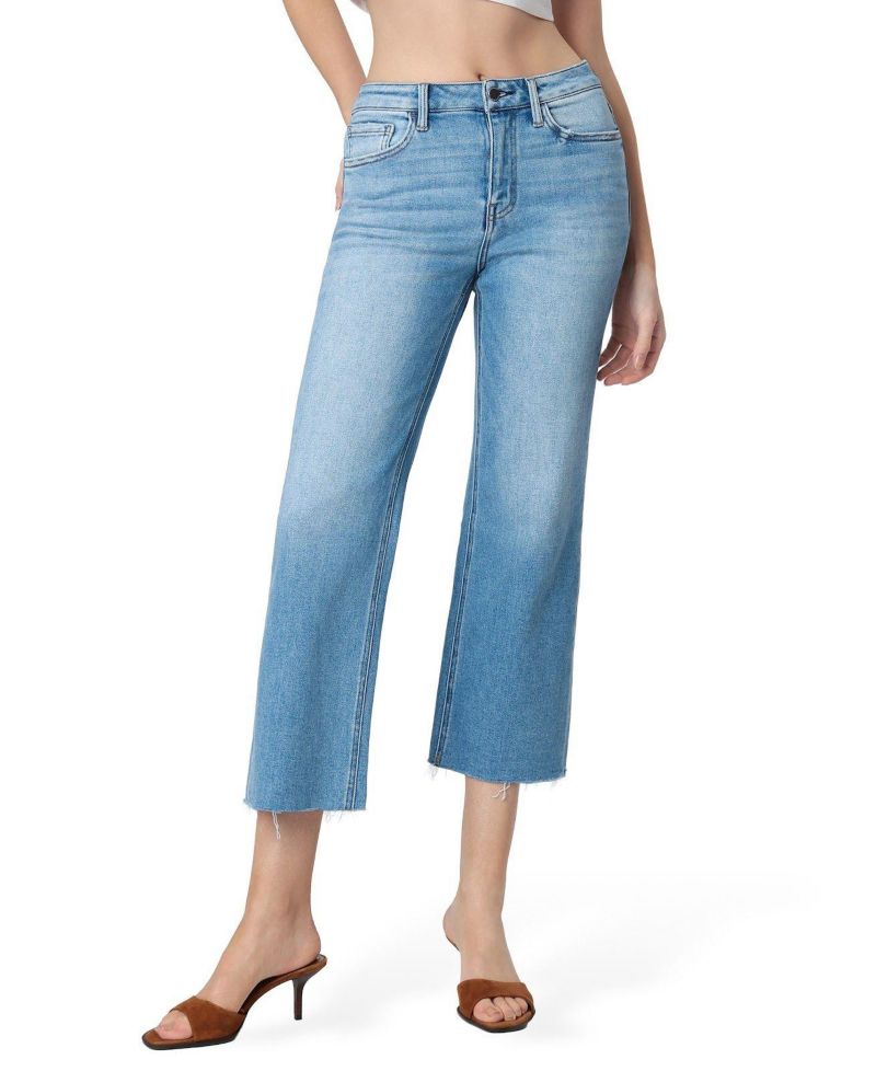 Women's High Rise Raw Hem Crop Slim Wide Leg Jeans