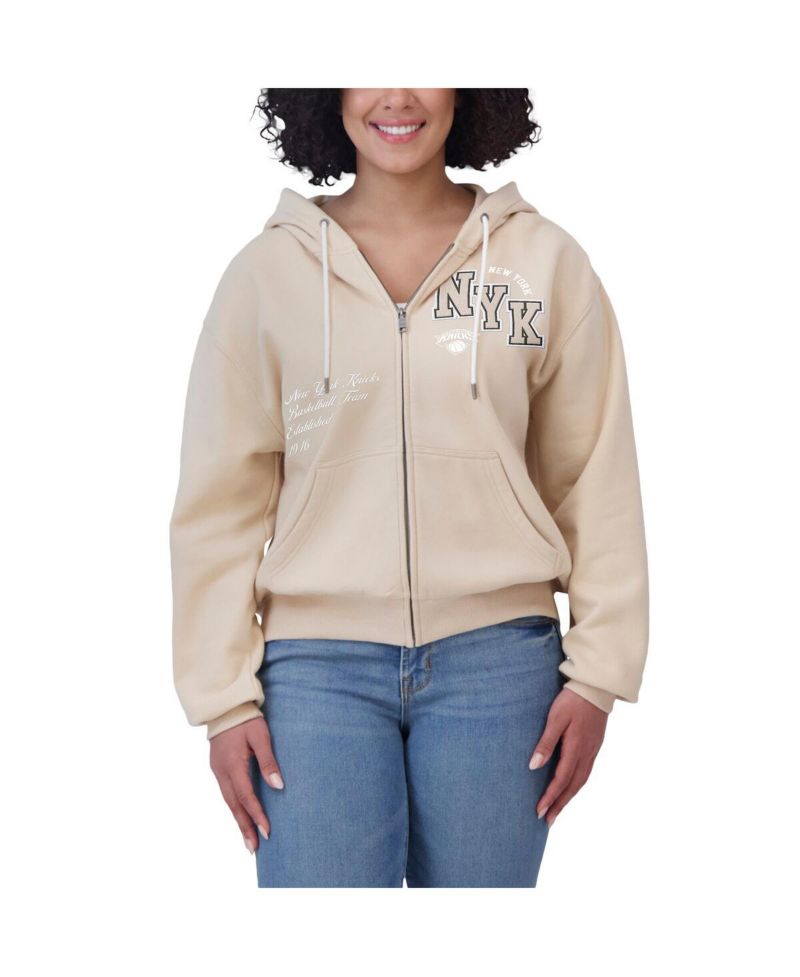 Women's Cream New York Knicks Plus Size Tonal Felt Patch Full-Zip Hoodie