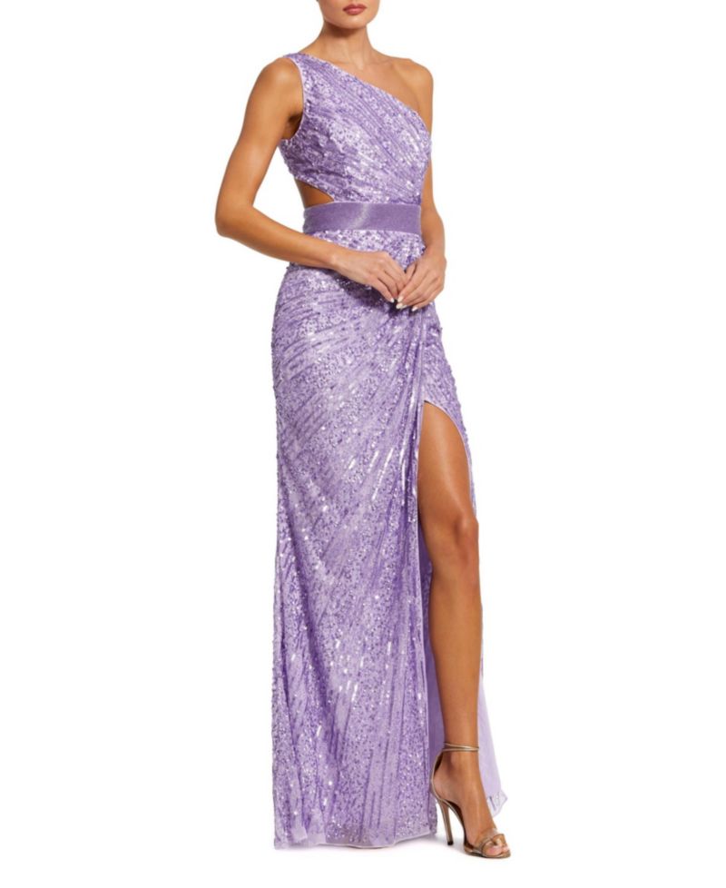 Women's Sequined One Shoulder Draped Lace Up Gown