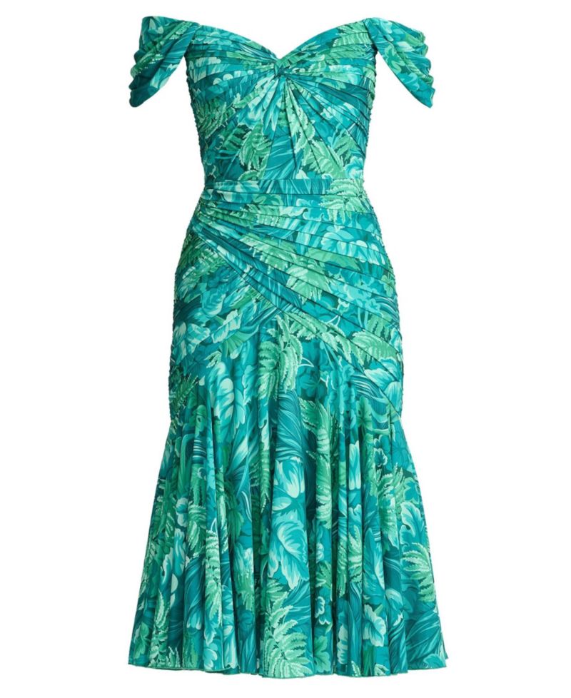 Women's Cabbie Foliage-Print Off-the-Shoulder Sweetheart Midi Dress