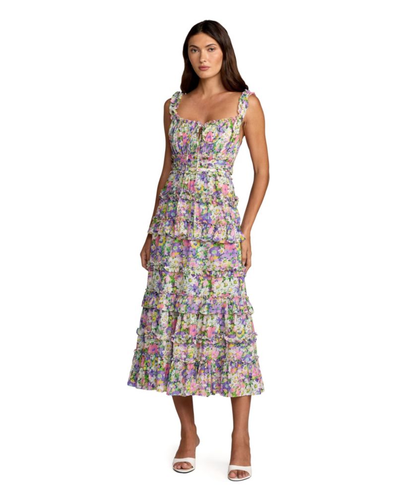Women's Multicolor Floral Ruffle A-Line Cotton Midi Dress