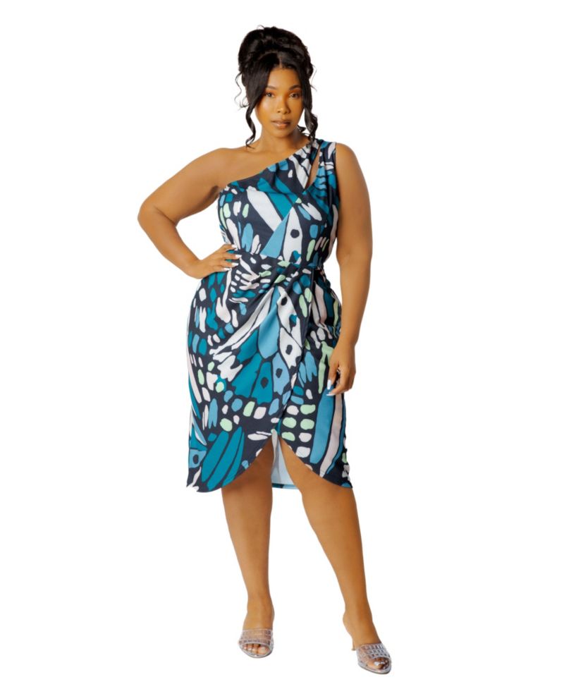 Plus Size One-Shoulder Butterfly-Print Asymmetrical Mini Dress