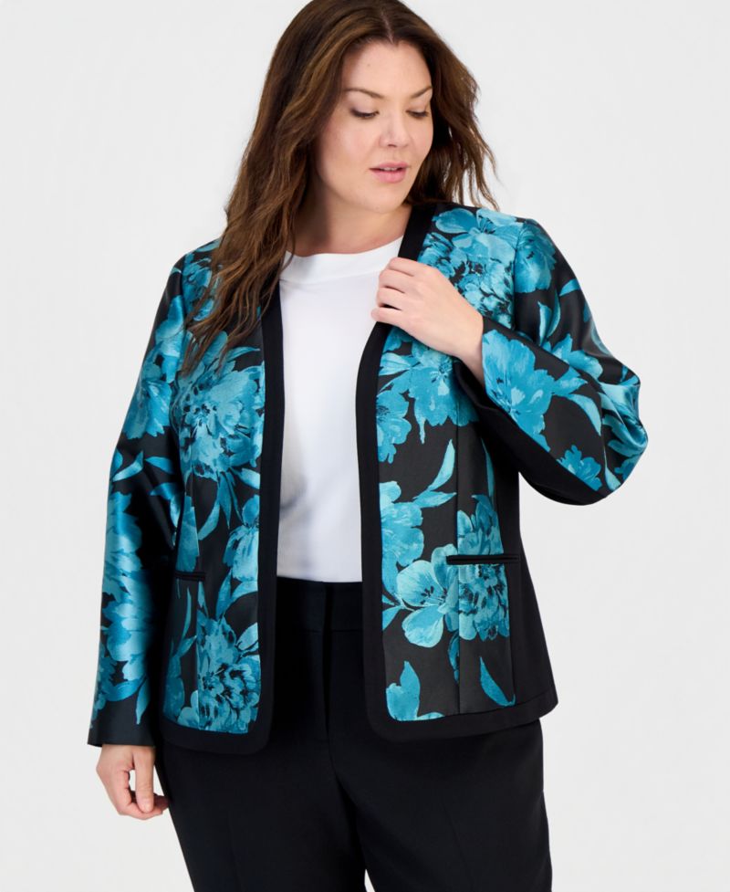 Plus Size Open-Front Floral Collarless Cardigan