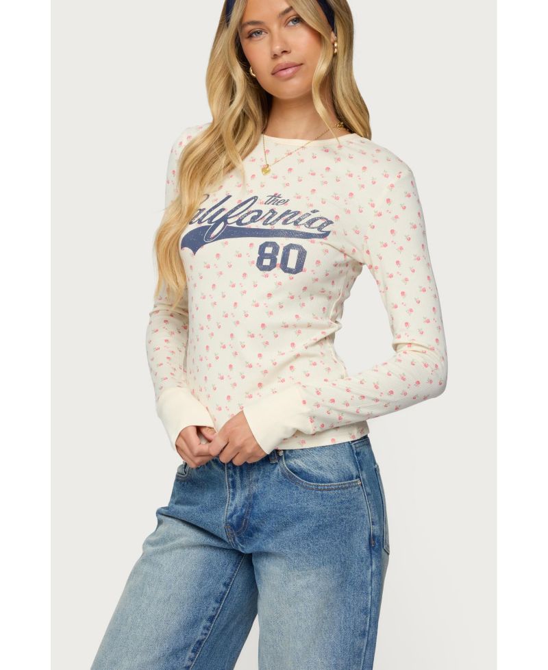 Womens Cali Floral Ribbed Long Sleeve T Shirt