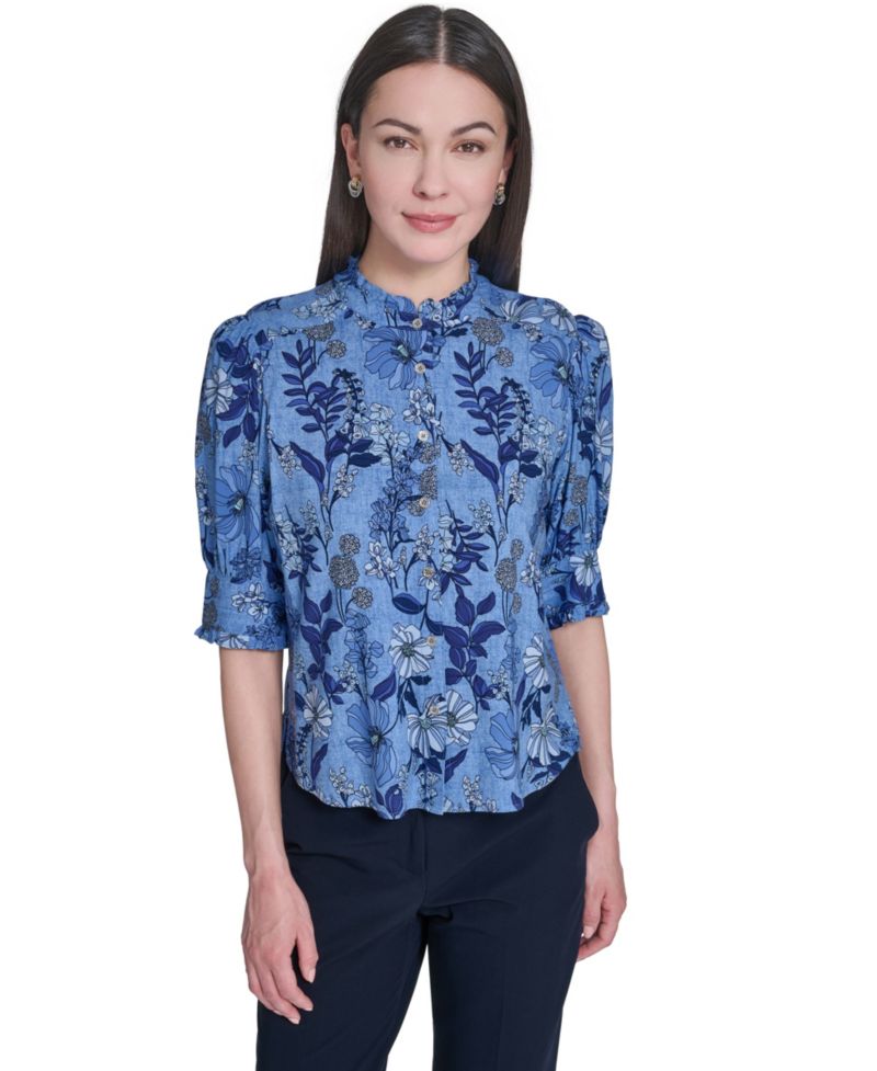 Women's Floral Print Elbow-Sleeve Blouse