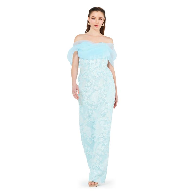 Women's Off-The-Shoulder Corset Detail Brocade Gown