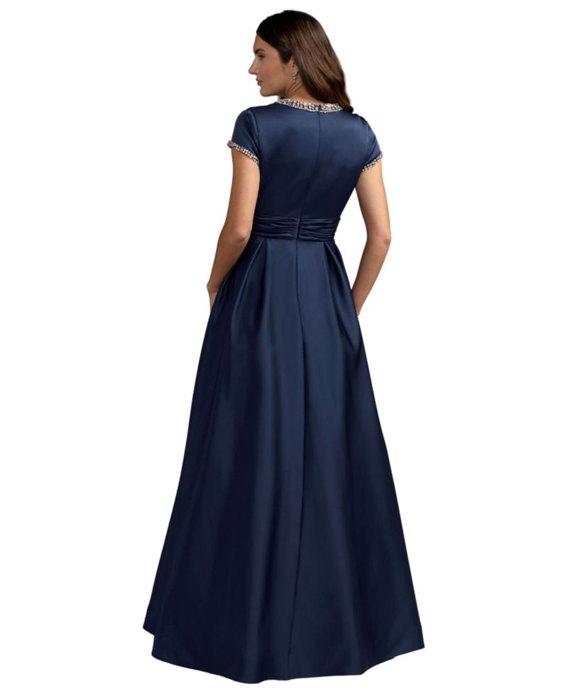 Petite Embellished Satin Cap Sleeve Ball Gown