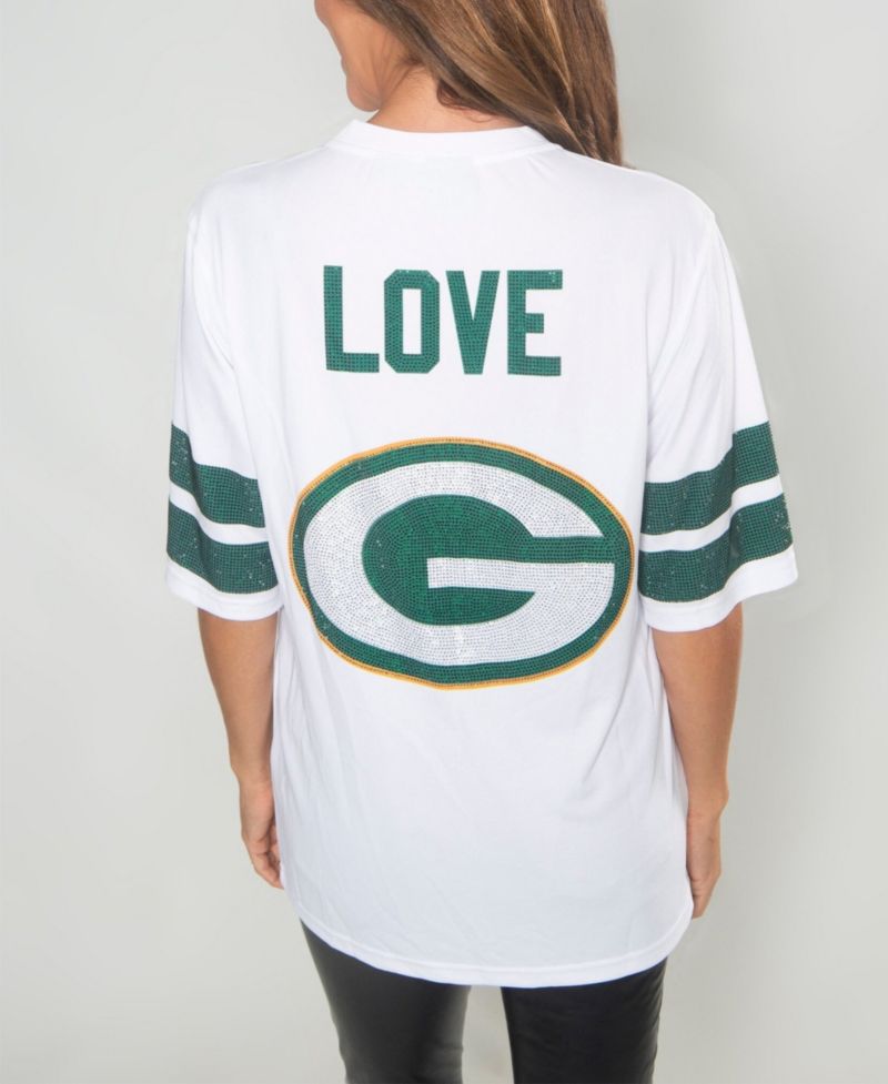 Women's Cuce Jordan Love White Green Bay Packers Crystal V-Neck Tunic