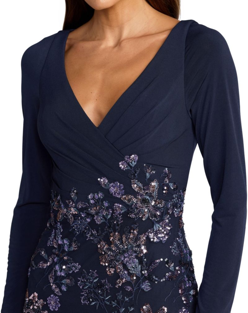 Women's Floral Embroidered Jersey Long Sleeve Gown