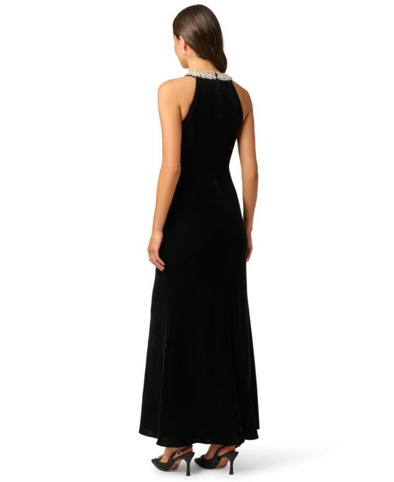 Petite Imitation Pearl Collar Velvet Sleeveless Halter Gown