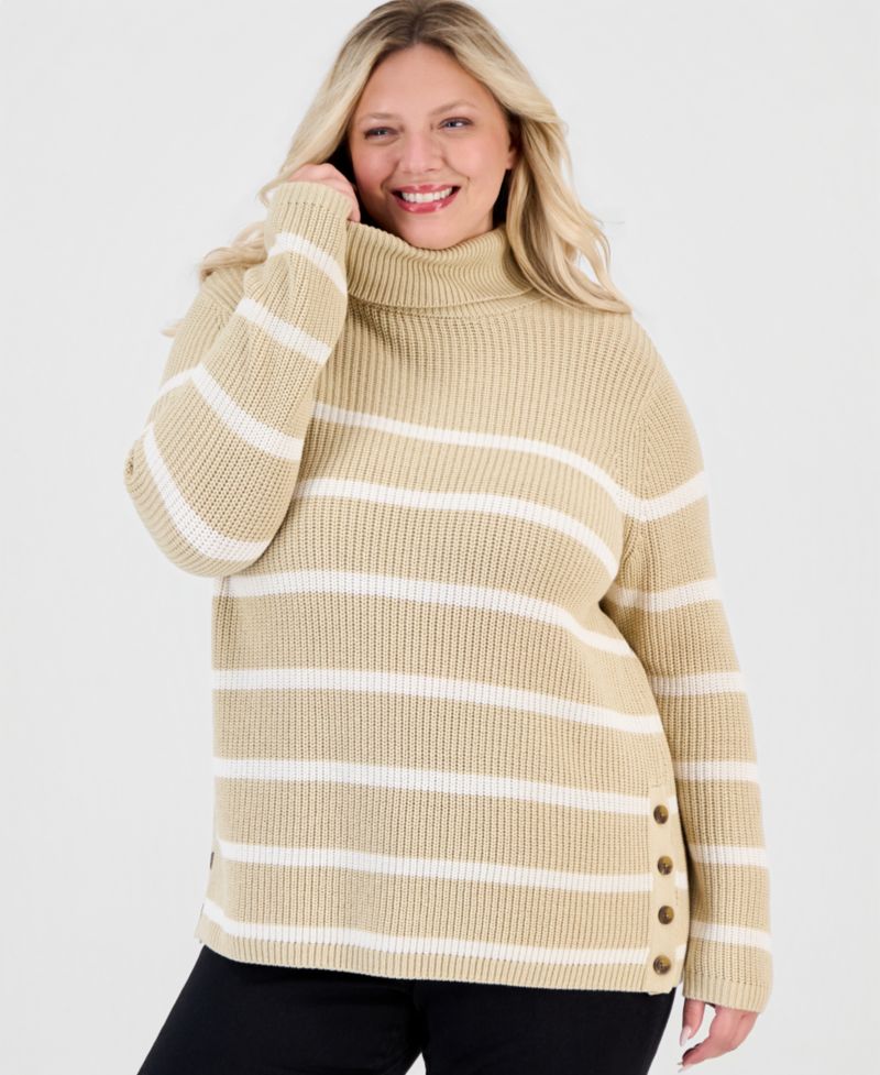 Plus Size Striped Rib Tunic Turtleneck Sweater