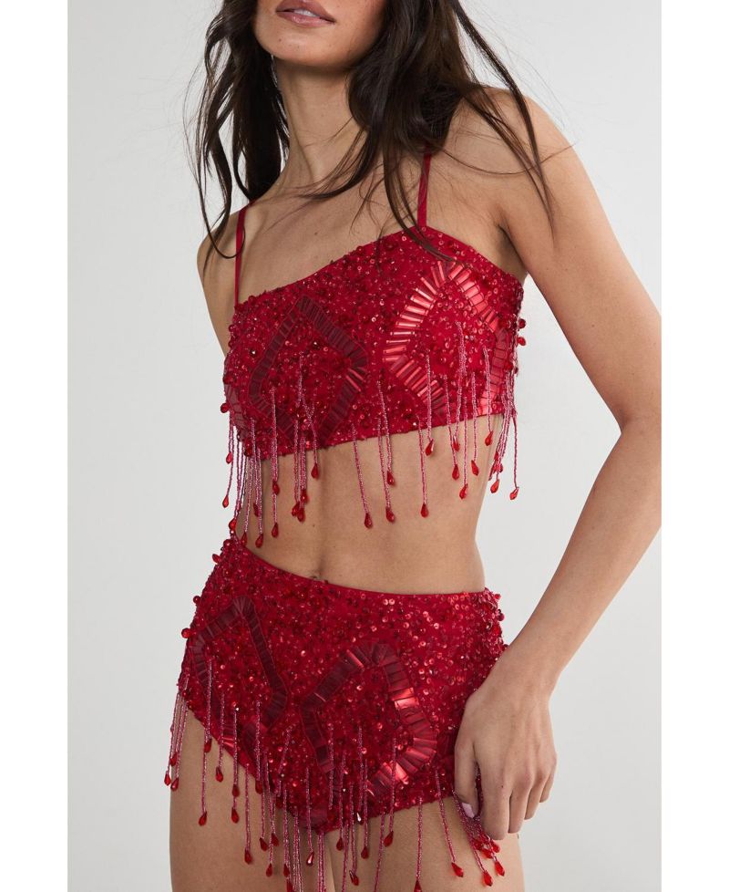 Women's Embellished Tassel Beaded Crop Top
