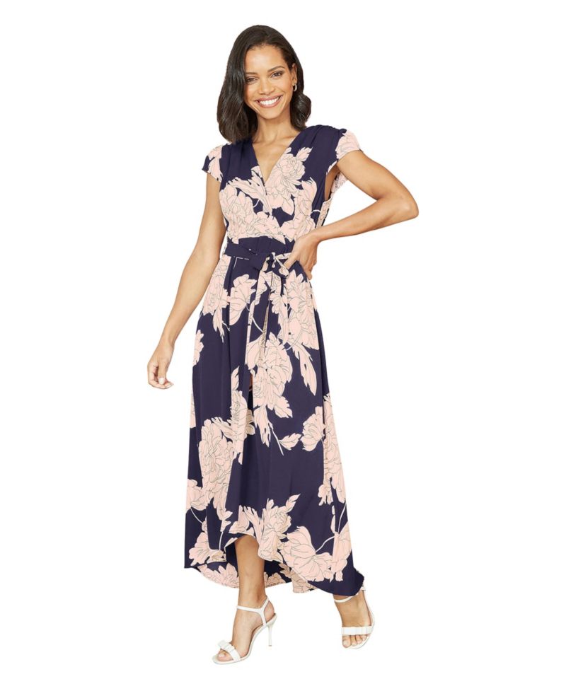 Women's Blossom Print Dipped Hem Wrap Midi Dress