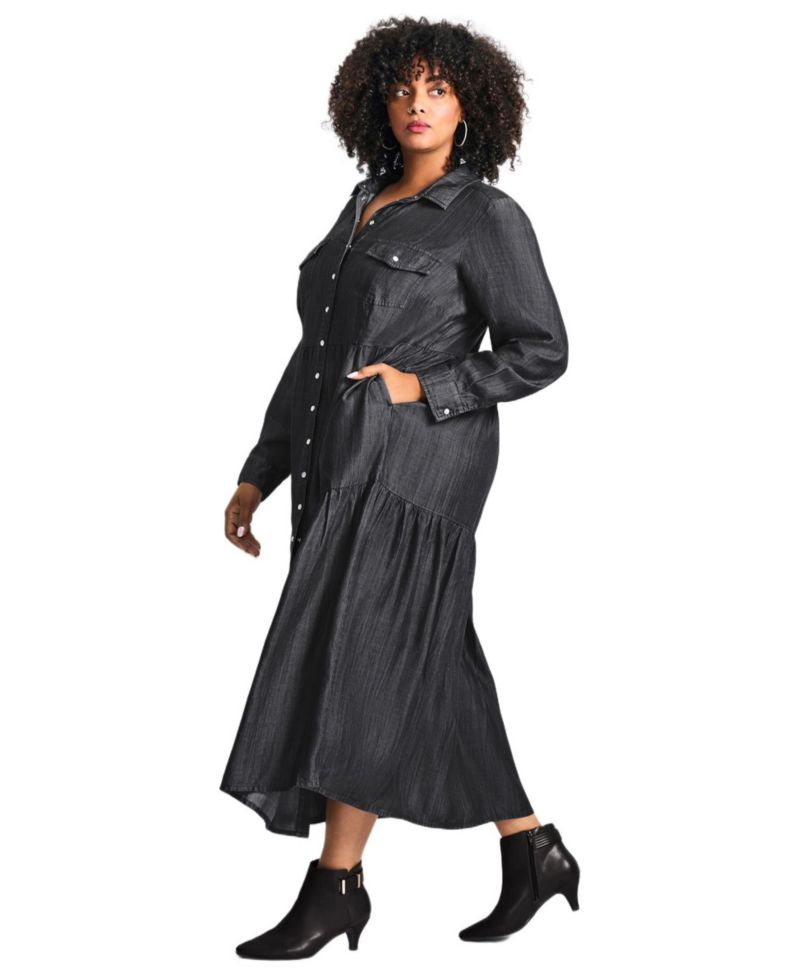 Women's Plus Size Denim Tiered Shirtdress