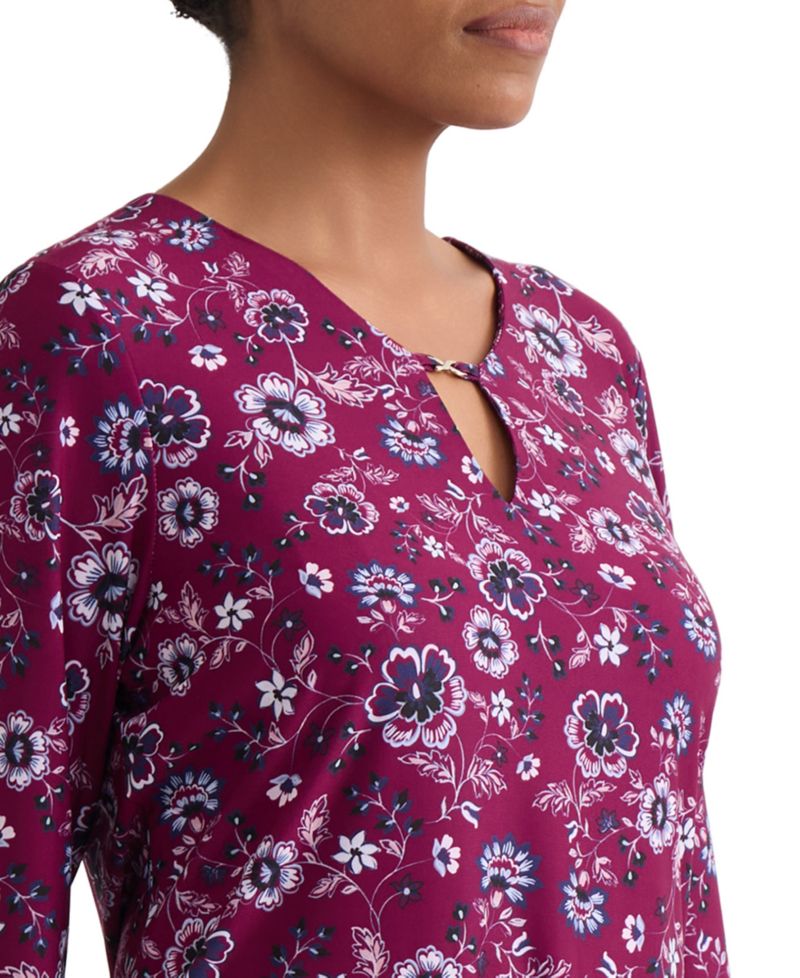 Petite Floral Print Key-Hole Detail Top