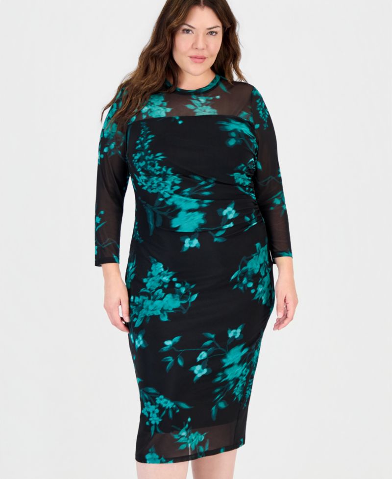 Petite Floral Long-Sleeve Mesh Midi Dress