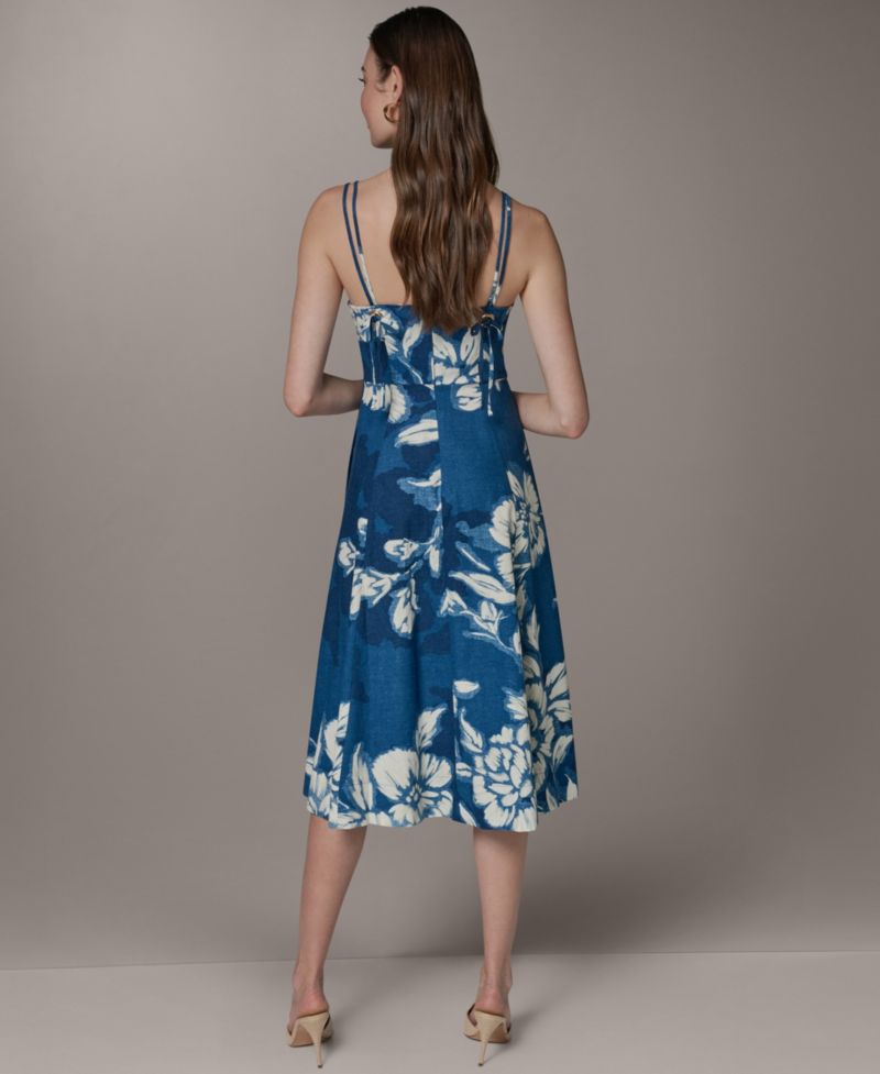 Women's V-Neck Linen Blend Fit & Flare Sleeveless Midi Dress