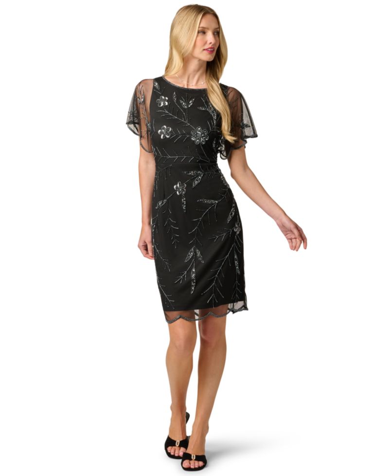 Women's Sheer-Flutter-Sleeve Floral-Print Beaded Dress