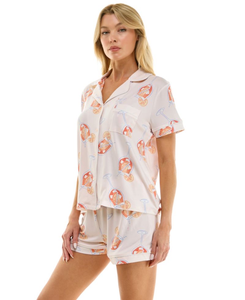 Women's Short-Sleeve Notch Collar Top and Shorts, 2-Piece Set