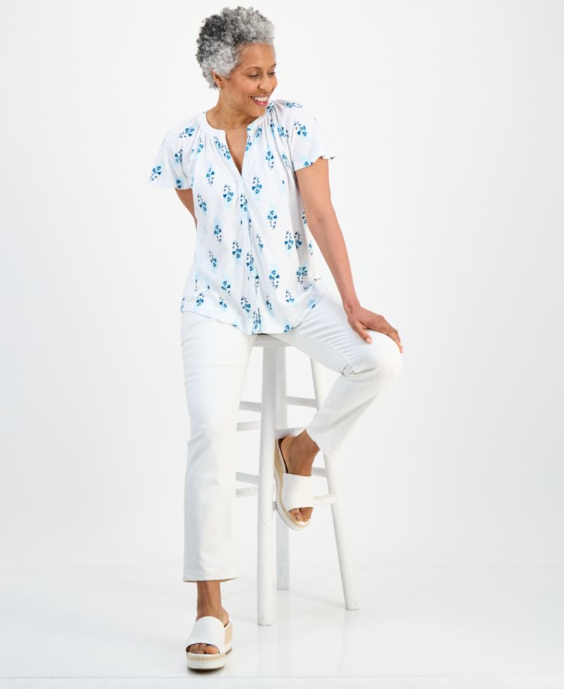 Petite Printed Button-Front Short-Sleeve Top