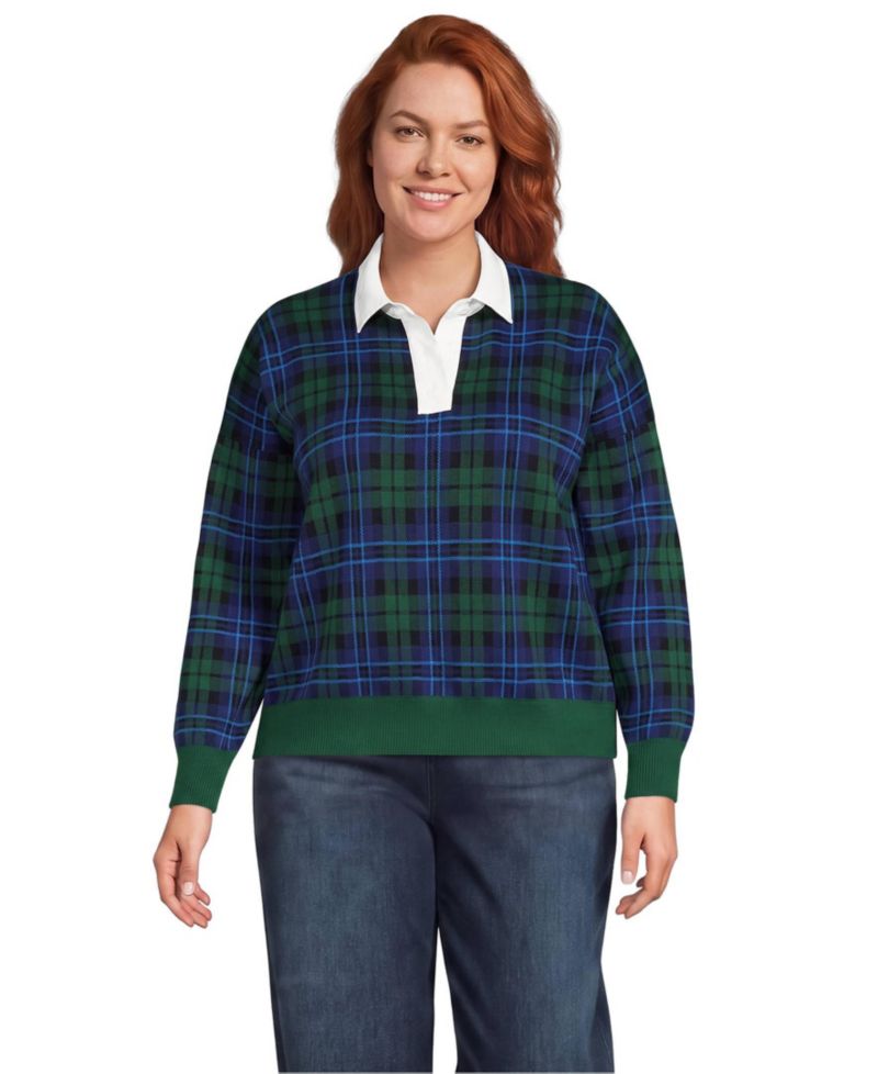 Plus Size Drifter Collared Shaker-Knit Plaid Sweater
