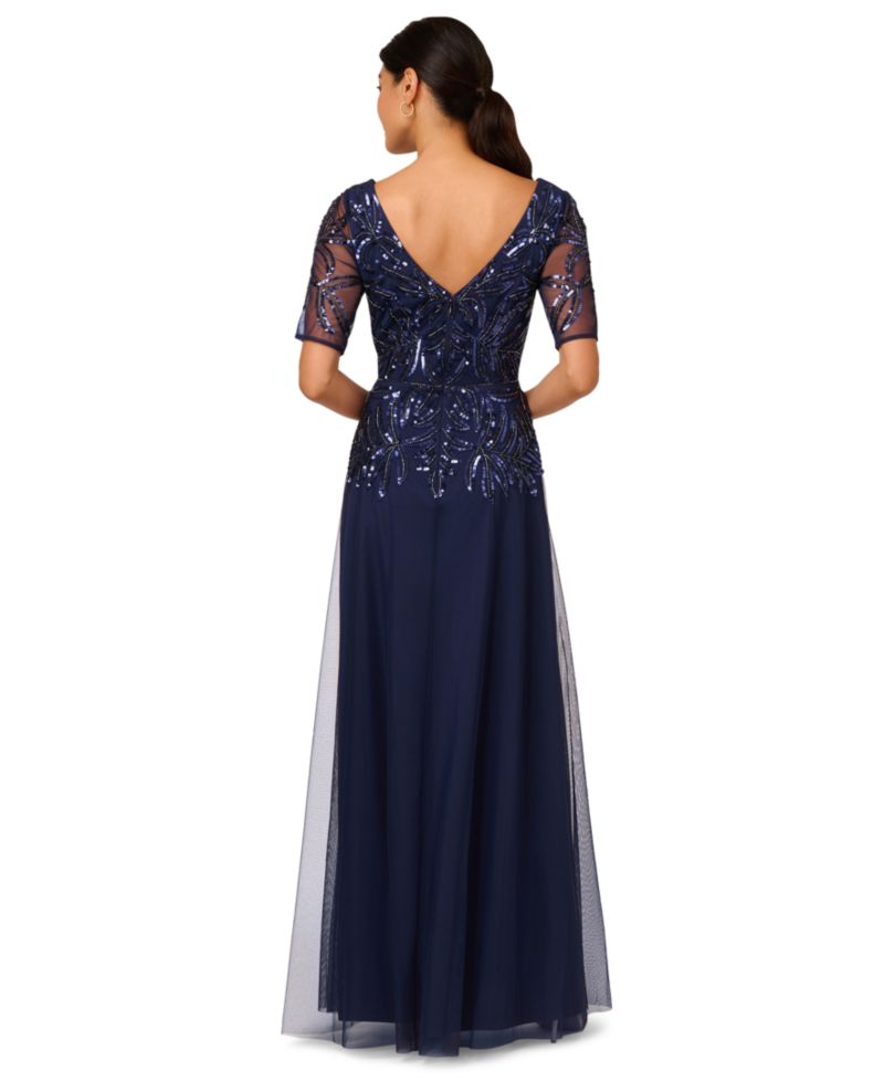 Women's Embellished Mesh V-Neck Gown