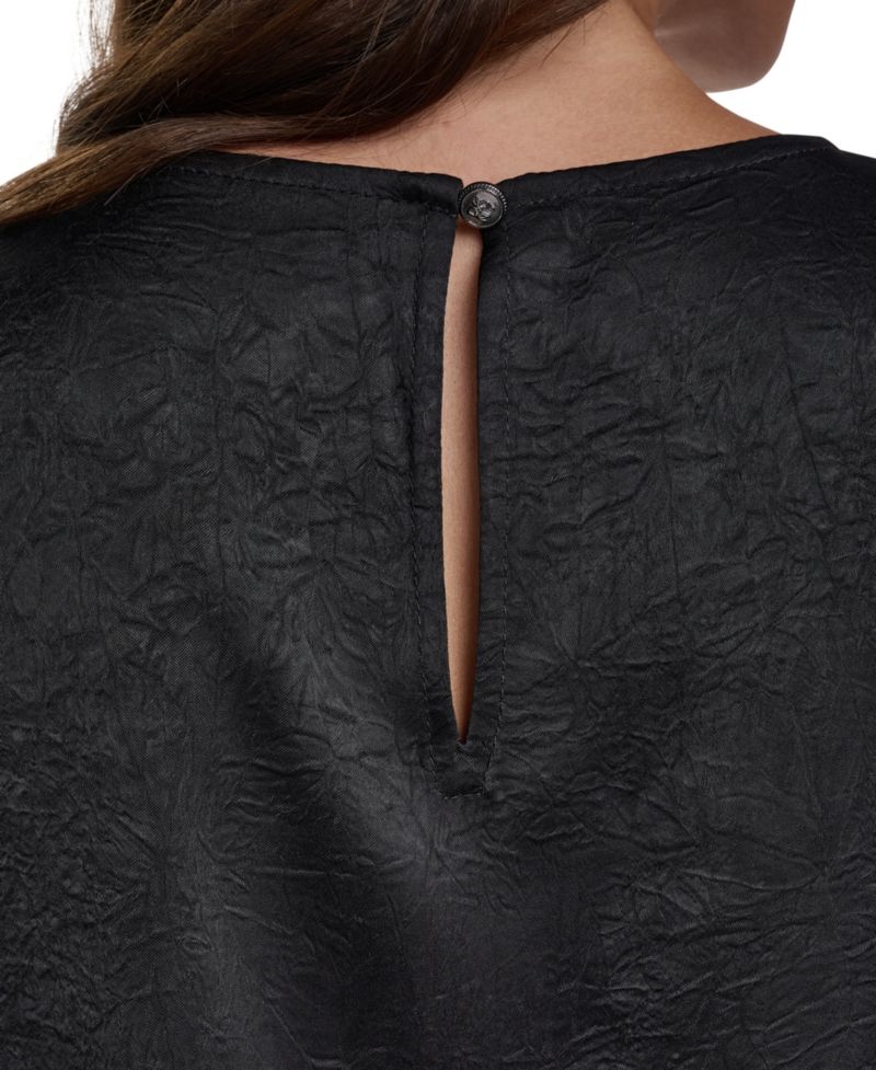 Women's Satin Roll-Sleeve Slight-Crease Crewneck Blouse
