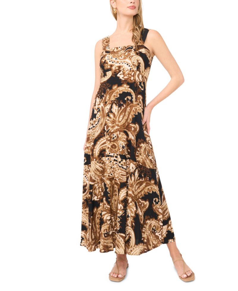 Women's Paisley-Print Square-Neck Smocked-Back Sleeveless Maxi Dress