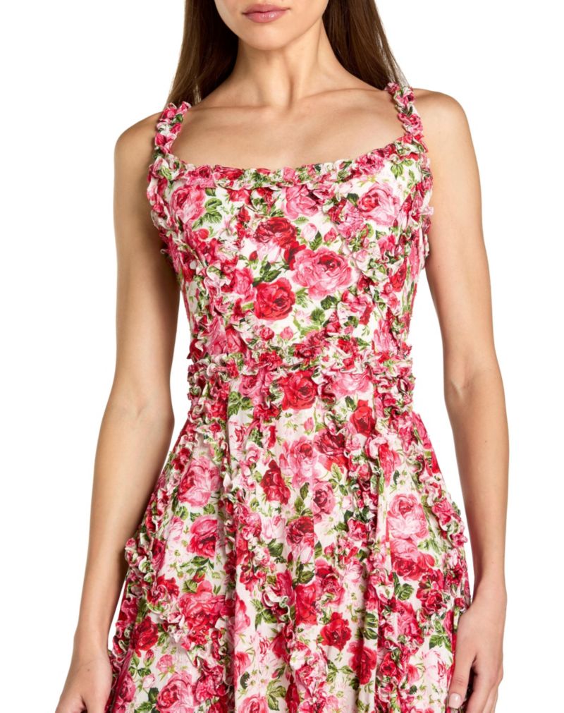 Women's Floral Cotton Ruffle Square Neck Ankle Dress