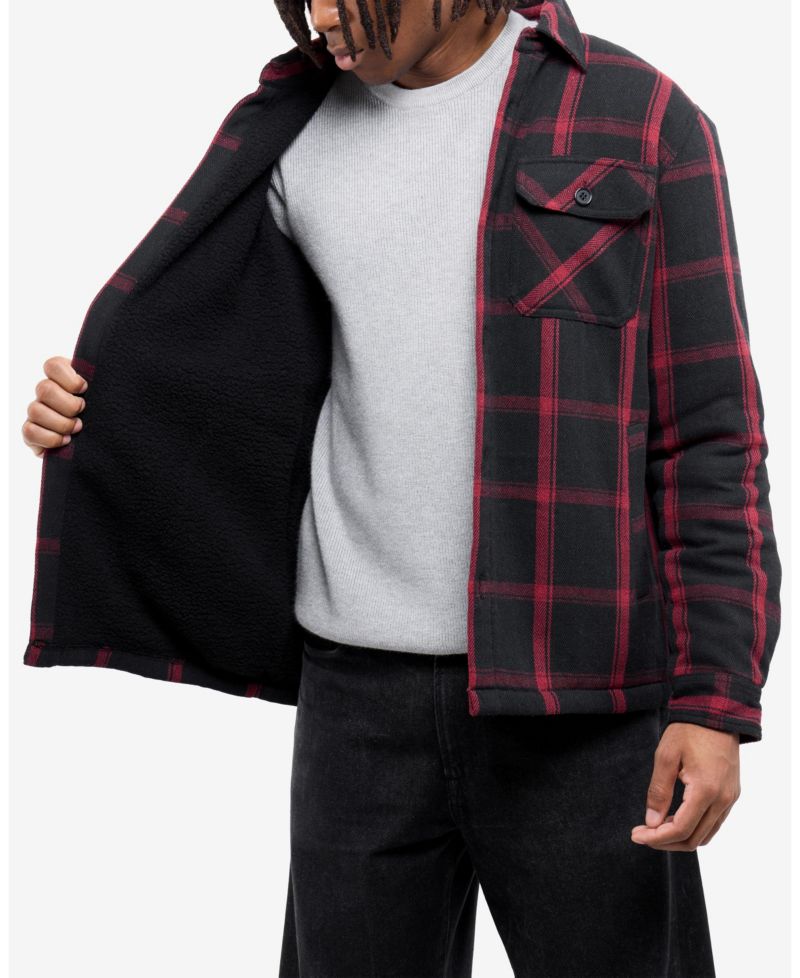 Men's Cotton Plaid Flannel Button-Up Shirt Jacket With Faux Shearling Lining