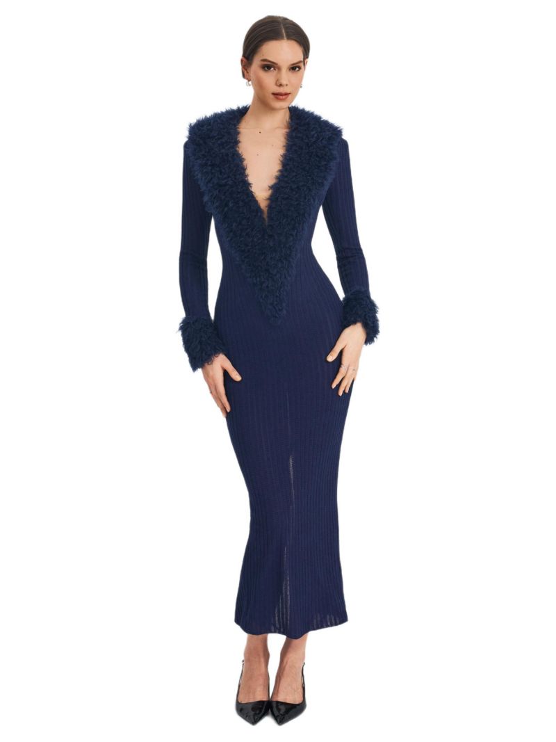 Women's Romina Plunging Fur Trimmed Crochet Maxi Dress