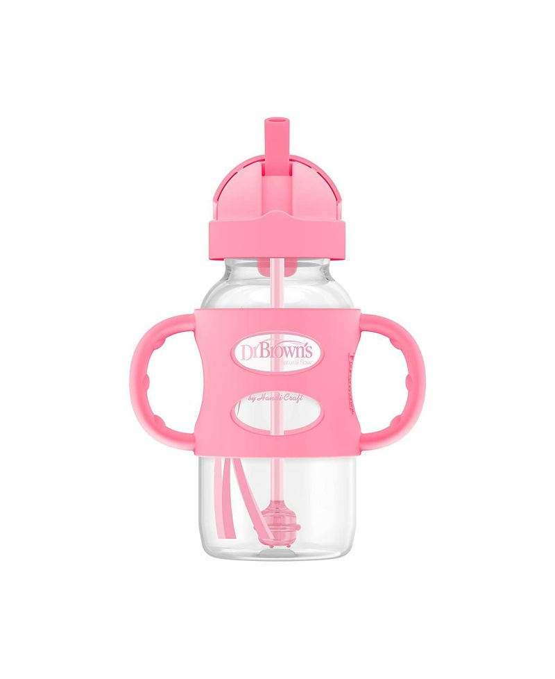 Baby Wide-Neck Sippy Straw Bottle with 100% Silicone Handles, 9oz, Pink