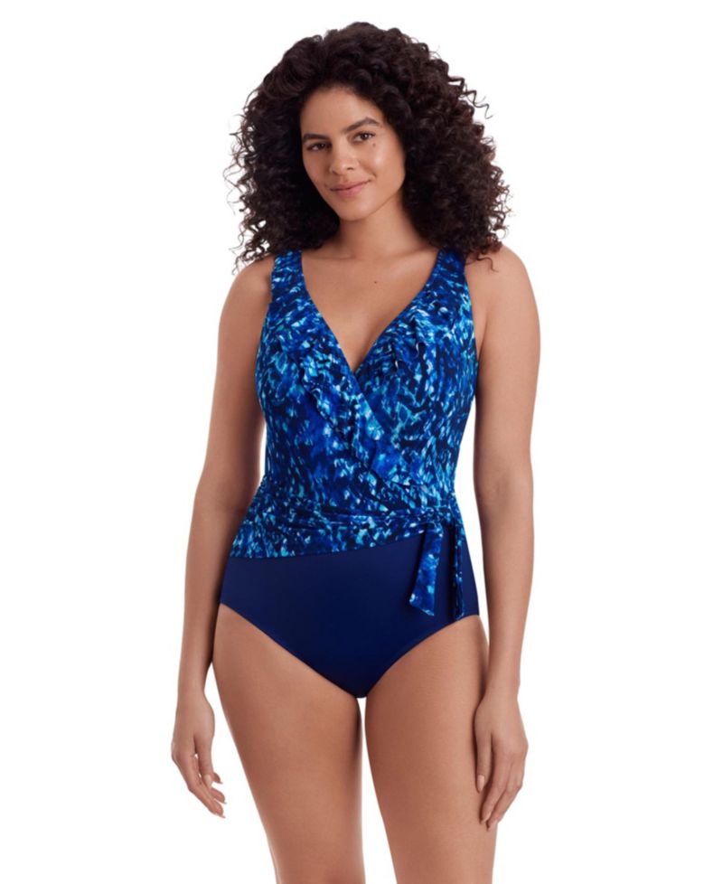 Women's Ruffle Front Sash Surplice Long Torso One-Piece Swimsuit