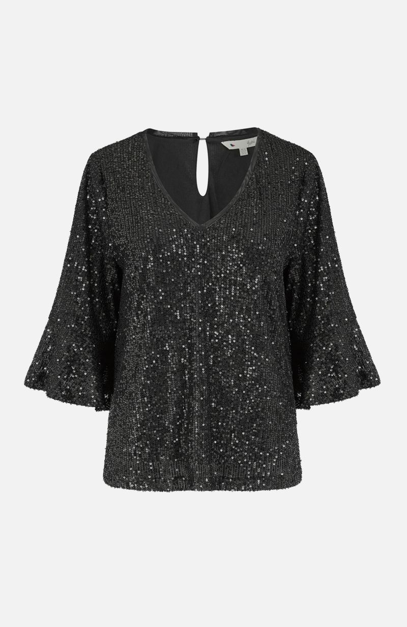 Women's Sequin V-Neck Fluted Sleeve Top