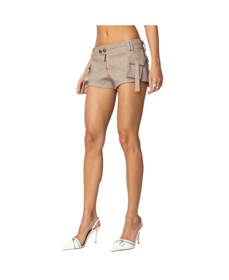 Womens Washed Faux Leather Micro Cargo Shorts
