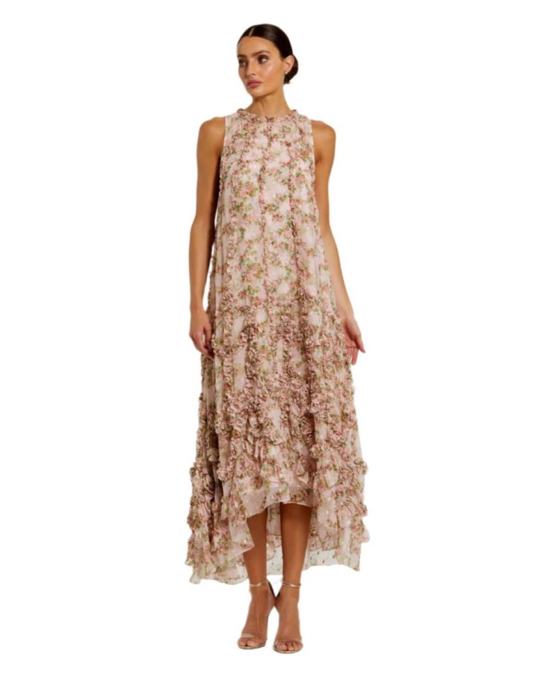 Women's Sleeveless Floral Print Chiffon Micro Ruffle Gown