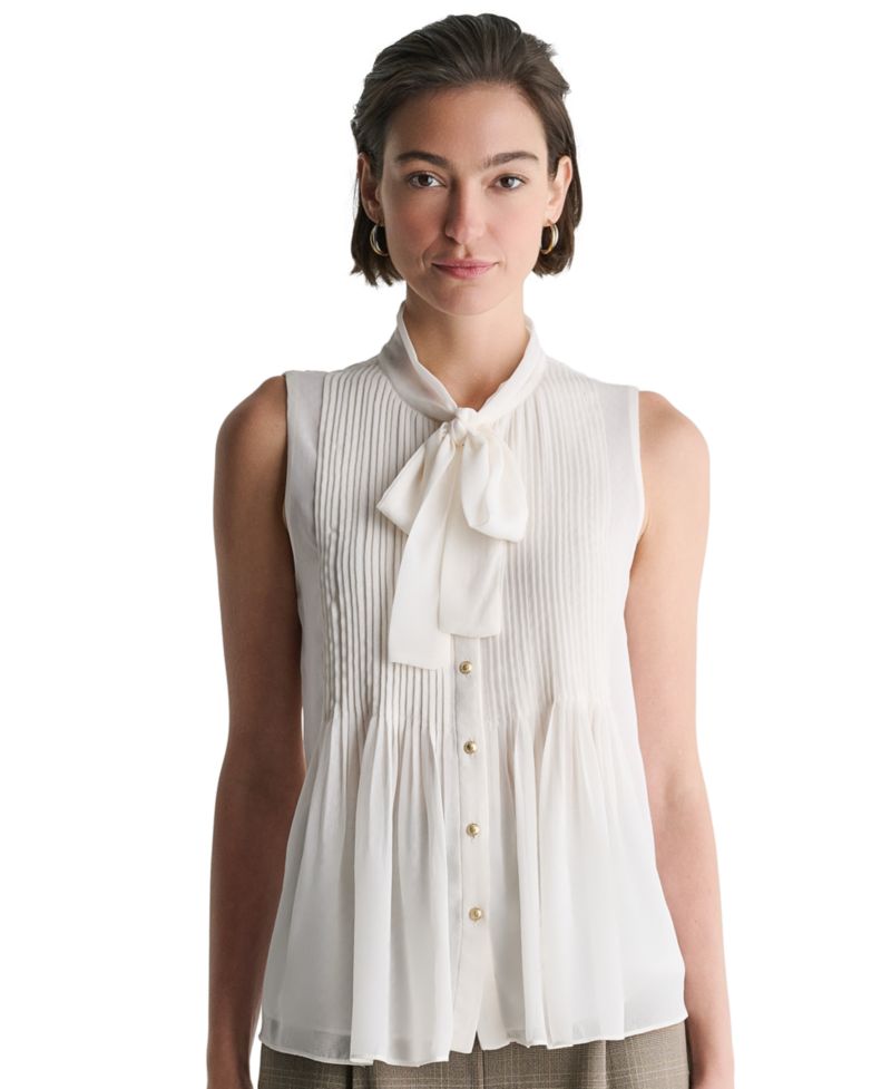 Women's Sleeveless Tie-Neck Button-Front Blouse